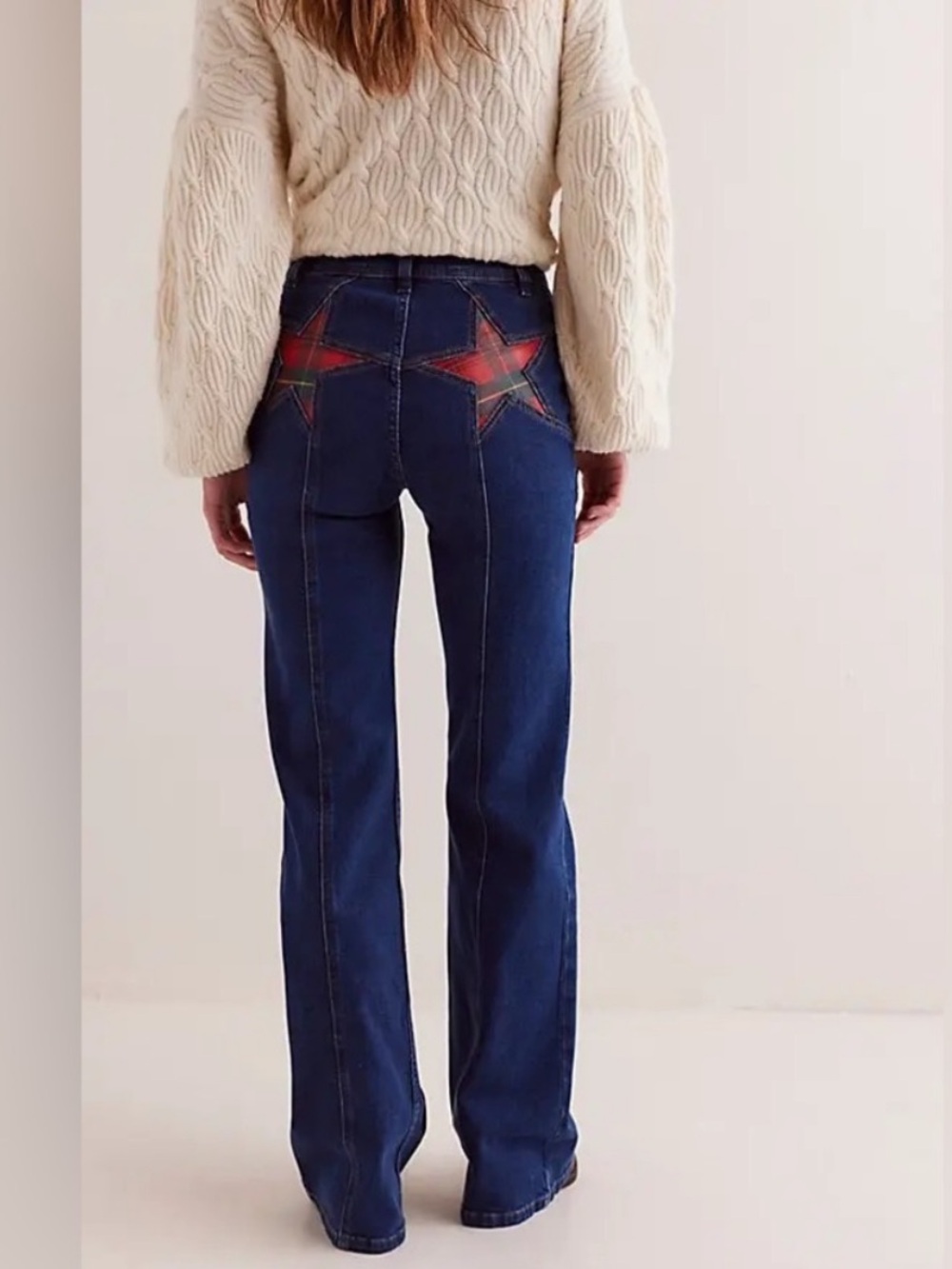We The Free FP Firecracker High Rise Flare Holiday Tartan Vintage Denim Sz 26